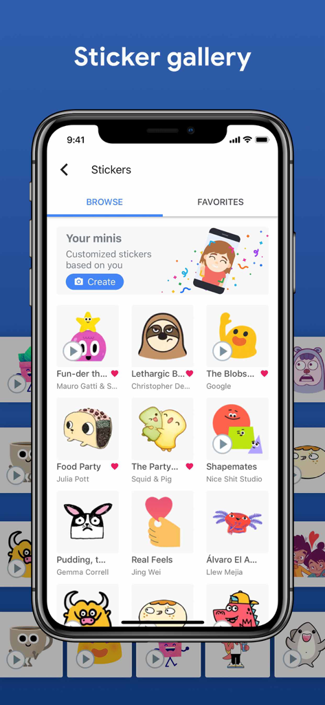Galería de stickers de la aplicación Gboard en un iPhone que muestra minis personalizados y varios paquetes de stickers de dibujos animados