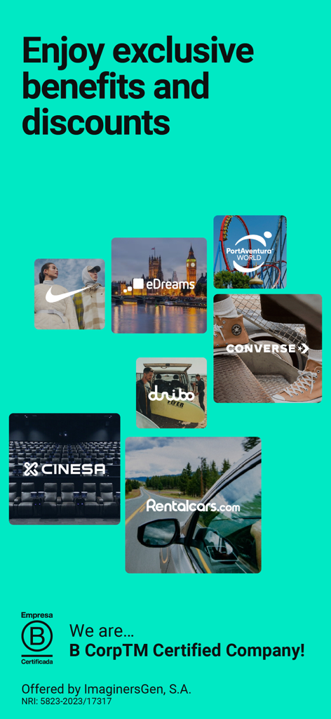 Schermata promozionale per l'app imagin che mostra sconti esclusivi del marchio e la certificazione B Corp.