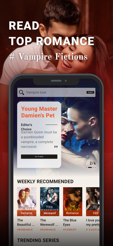 Chereads app interface featuring vampire romance and weekly recommended stories.