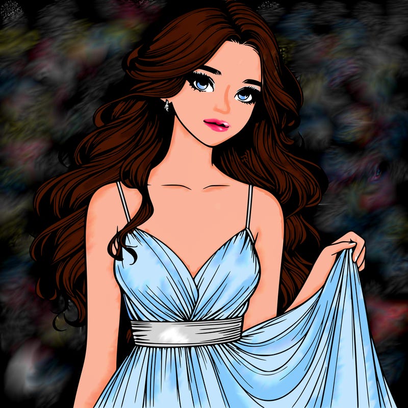 realistic girl in flowy silky prom dress