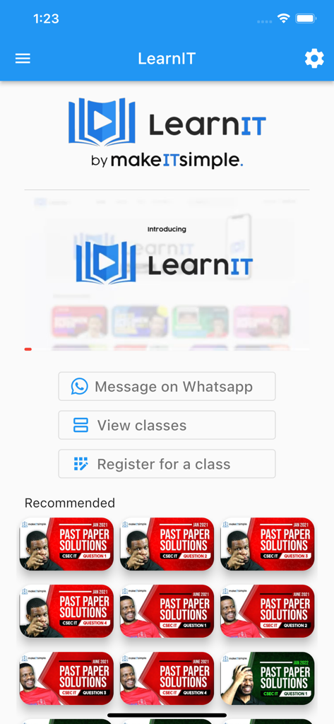 LearnIT by makeITsimpleTT - The home screen of the LearnIT app featuring educational video lessons for CSEC IT past paper solutions and options to view or register for classes.