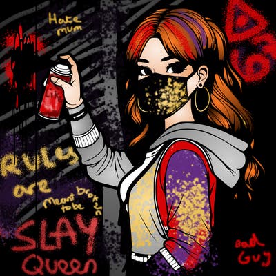 realistic girl with mask spray painting a wall