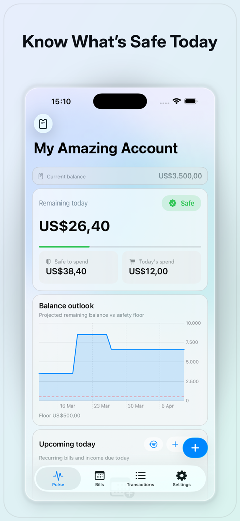 Spending Pulse - Money Tracker - Spending Pulse app dashboard showing safe to spend daily amount and balance outlook