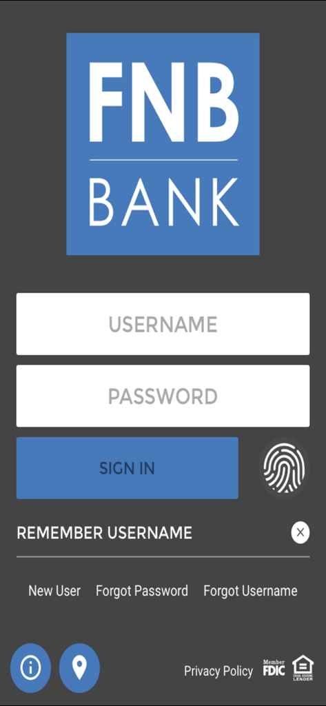 Interface de login da aplicação móvel do FNB Bank mostrando campos de nome de utilizador e palavra-passe com opção de início de sessão biométrico