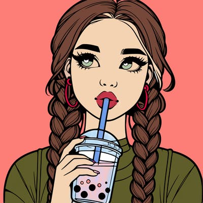 realistic girl with braided hair drinking boba