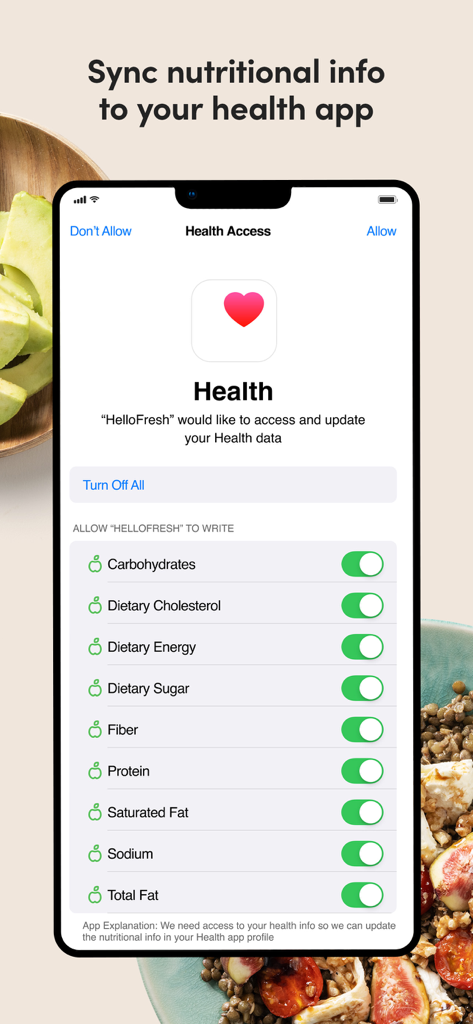 Green Chef app interface showing how to sync nutritional data like protein and carbohydrates to a health app