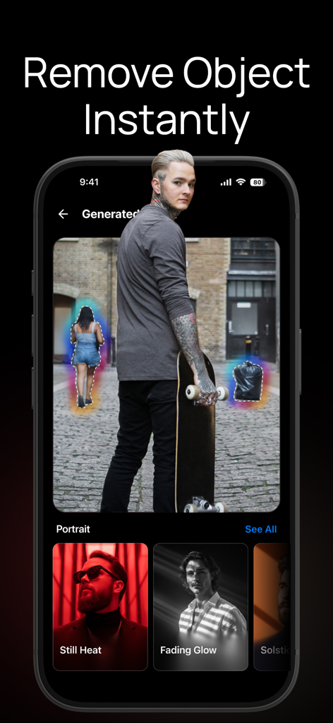 AI Image Generator - VisuAI - VisuAI mobile app interface demonstrating the instant object removal feature to delete unwanted people and bags from a photo background