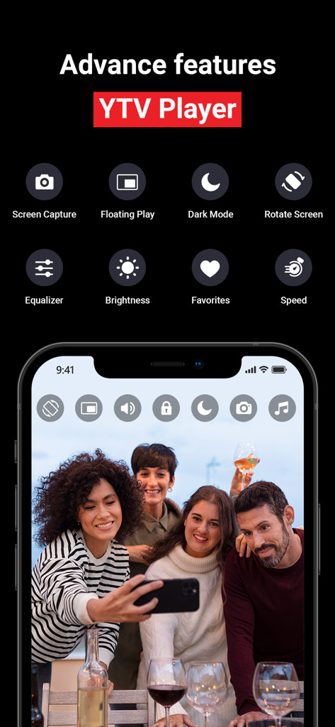 Oberfläche von YTV Player Pro, die erweiterte Wiedergabefunktionen wie Floating Play, Dark Mode und Equalizer anzeigt