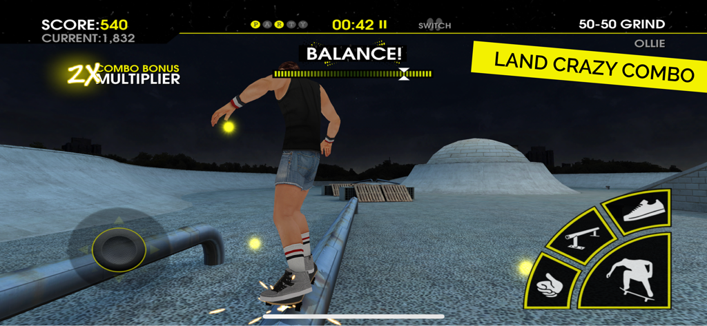 A skater performing a 50-50 grind trick in a night skatepark within Skateboard Party 3.