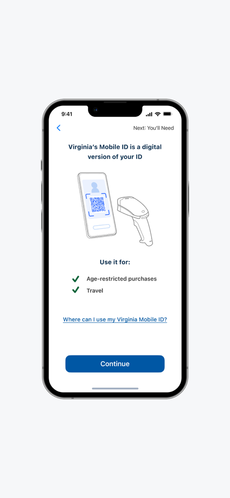 Startbildschirm der Virginia Mobile ID-App mit Vorteilen und Anwendungsfällen der digitalen ID.