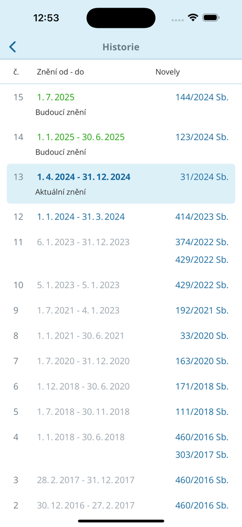 Zákony pro lidi - Zakony pro lidiアプリインターフェースでの、チェコの法改正とその有効期間の時系列リスト。