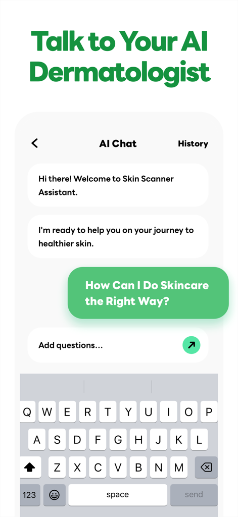 Skincare AI: Skin Care Scanner - Interfaz de chat de la aplicación Skincare AI donde un usuario solicita consejos para el cuidado de la piel a un asistente de IA.
