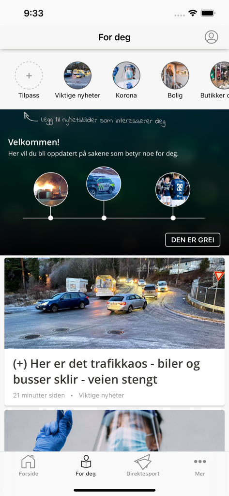 Nye Troms - Nye Troms news app interface showing a personalized news feed with a local traffic report headline