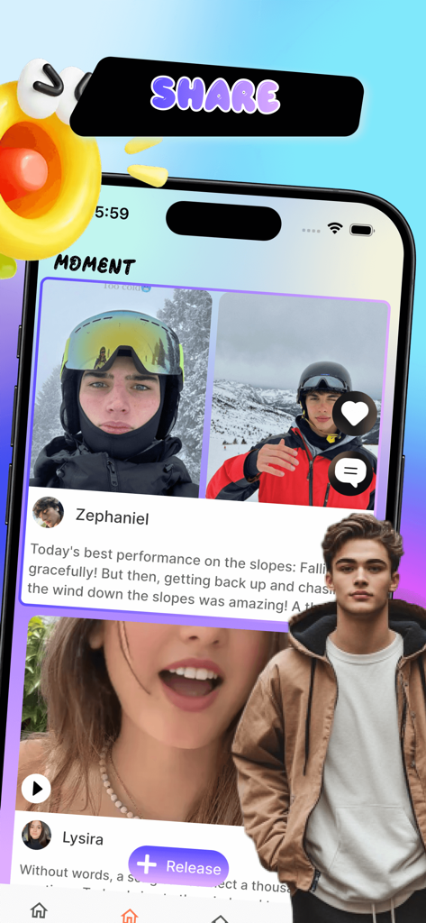 Interface of the Soulin app showing a social feed of user photos and videos titled Moment.