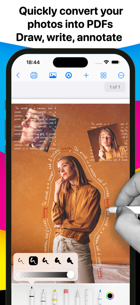 Photo Print - Collage & Resize - Um usuário desenha em uma colagem de fotos digital usando uma caneta stylus no aplicativo Impressão de Fotos.
