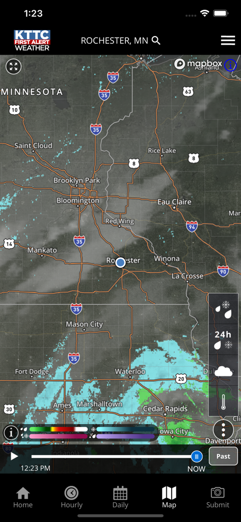 KTTC First Alert Weather - KTTC First Alert Weather app displaying a high-resolution radar map for Rochester Minnesota