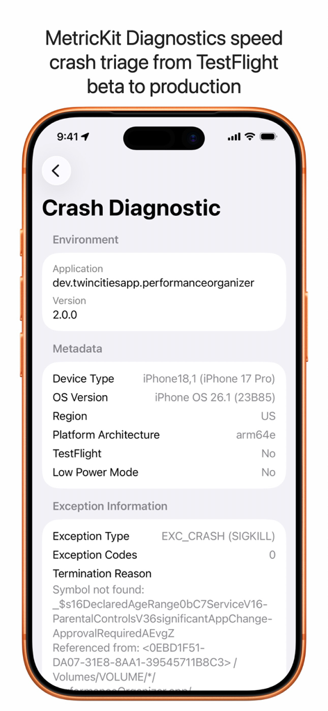 Performance Organizer - Performance Organizer-App, die einen detaillierten Absturzdiagnosebericht mit Ausnahminformationen anzeigt.