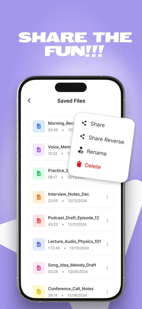 Reverse Singing Audio Play - Saved audio files screen with share and reverse options menu