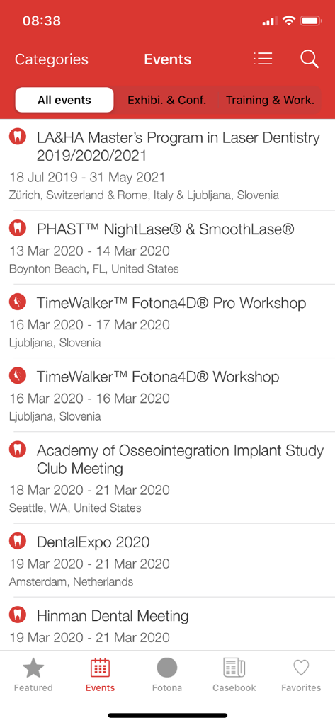 Fotona - Fotonaアプリでの今後の専門的な医療および歯科レーザーワークショップと会議のリスト。