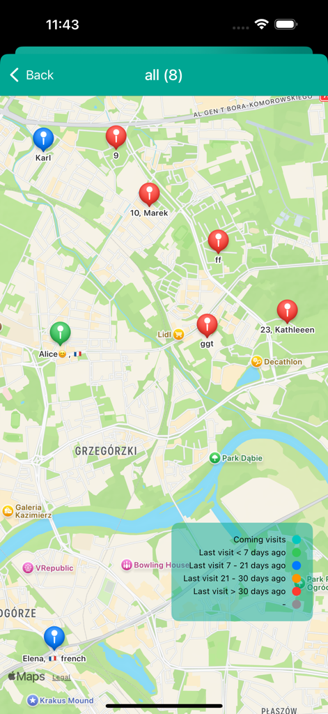 JW Service - Map view with color-coded pins for tracking ministry visits and addresses.