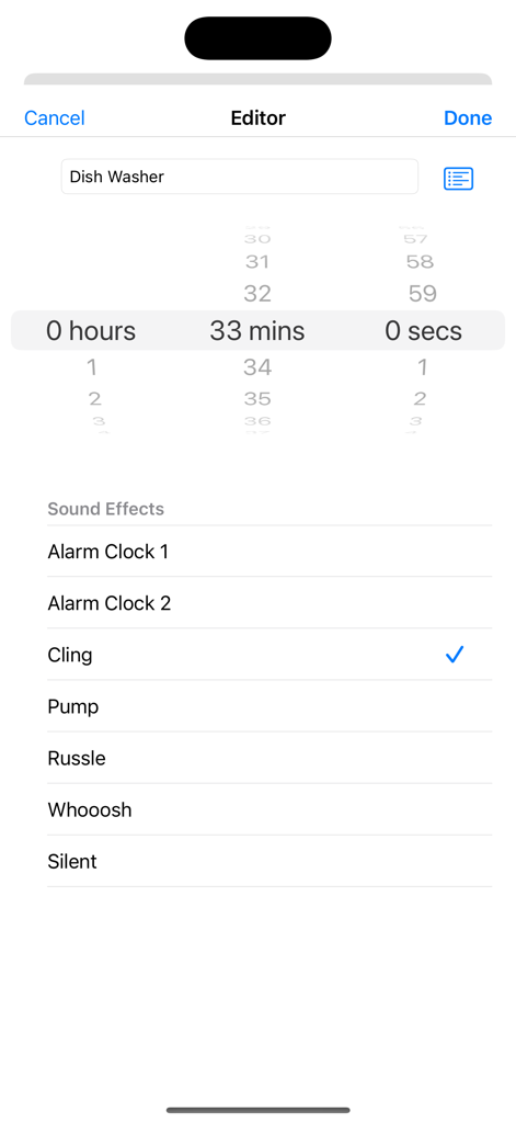 식기세척기 작업을 위해 33분 타이머 설정과 사운드 효과 옵션을 보여주는 Durations 앱의 편집기 화면