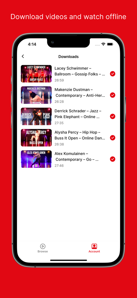 TMILLY TV - Learn To Dance - Downloads screen in the TMilly TV app showing a list of dance tutorials saved for offline viewing
