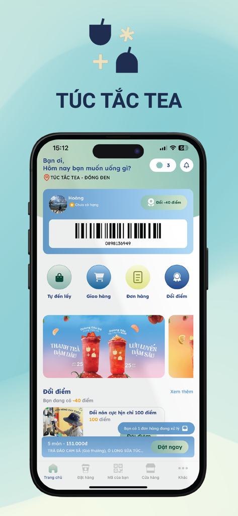 Tela inicial do aplicativo móvel Tuc Tac Tea com um código de barras de fidelidade e opções de pedido para entrega e retirada.