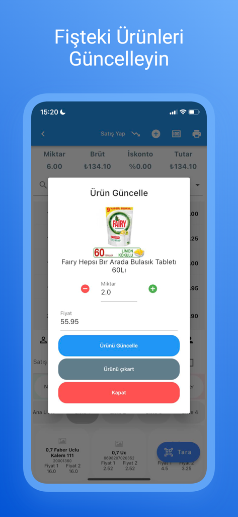Mobile interface of BenimPOS Pro app showing a product update popup for quantity and price adjustments during a sale.