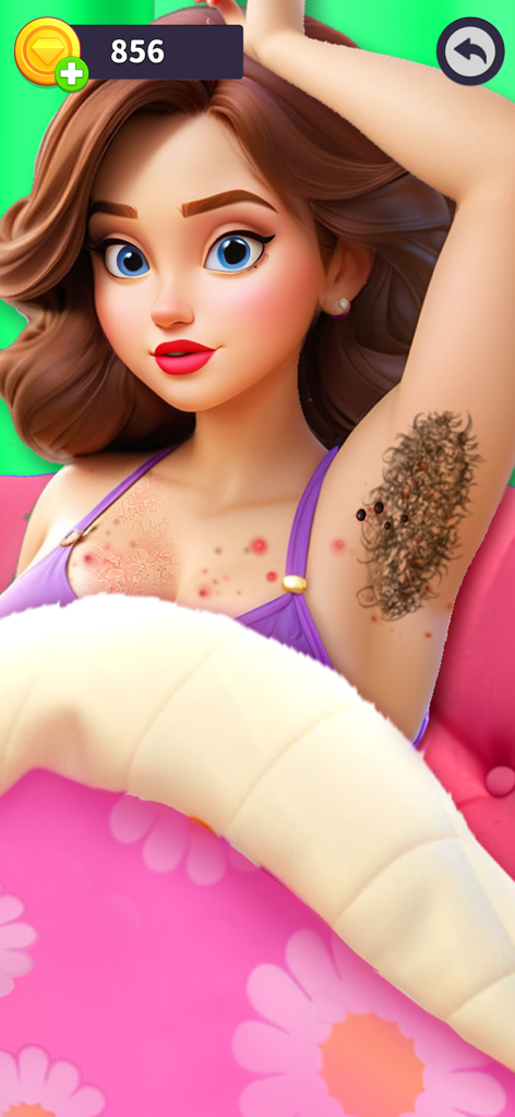 Makeover gameplay scene from Match Rush 3D showing a character with skin and hair care needs
