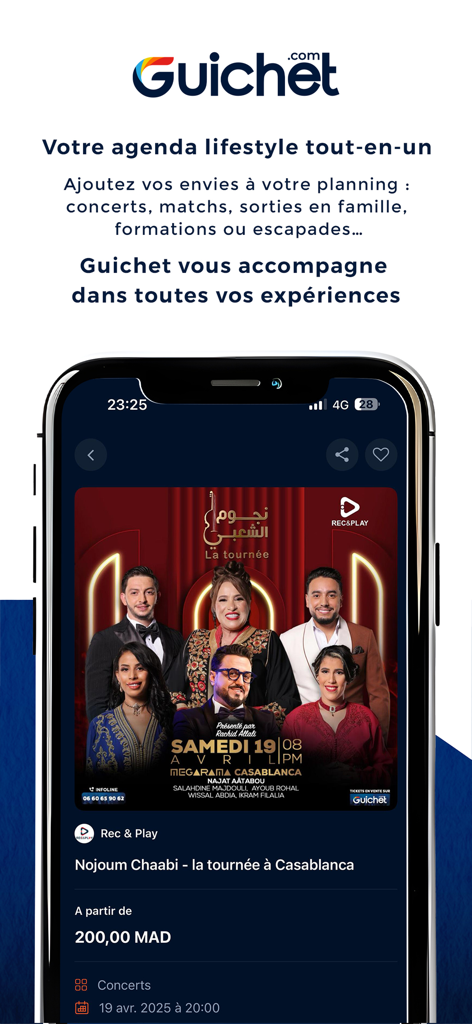 Guichet - Guichet app interface showing concert ticket details for a Moroccan music event