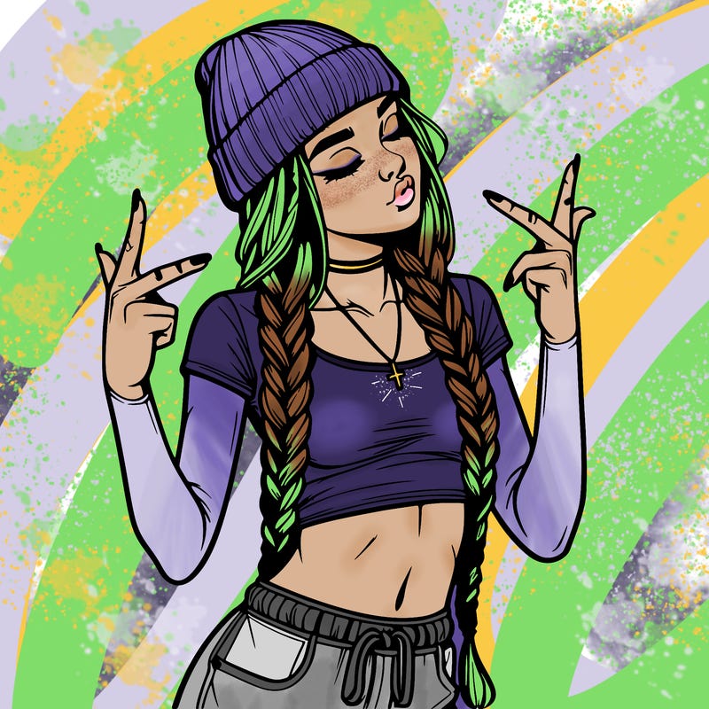 realistic teenage girl with braids and a beanie and crop top doing 🫶🏼