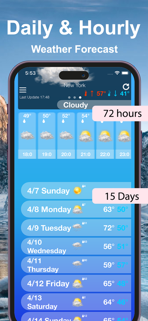 Weather Forecast ٞ - Tela de previsão do tempo diária e horária com visualizações de 15 dias e 72 horas