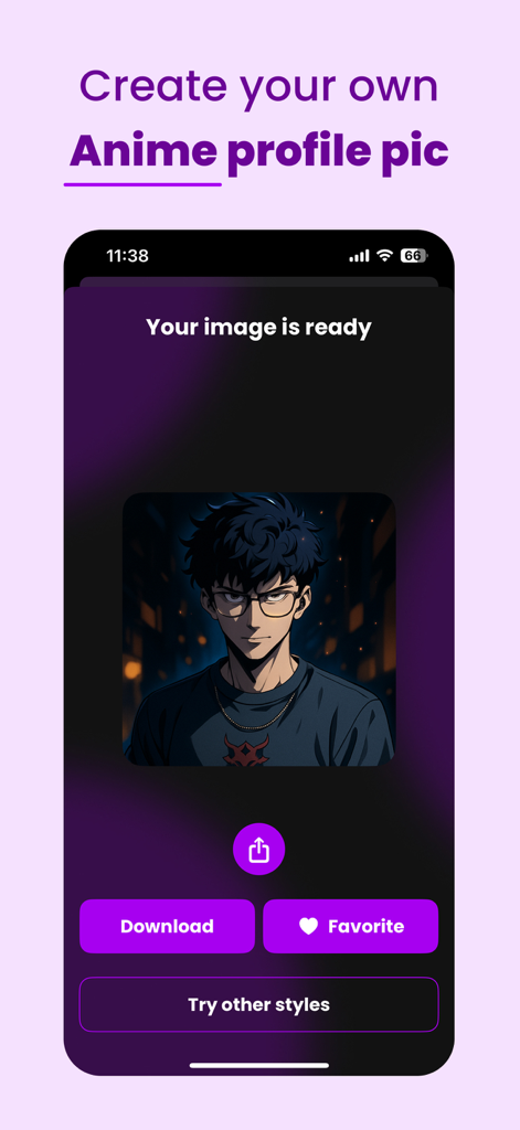 Anime Filter: AniMe - KI-generiertes Anime-Charakter-Profilbild auf einem Smartphone-Bildschirm mit Download- und Teilen-Optionen