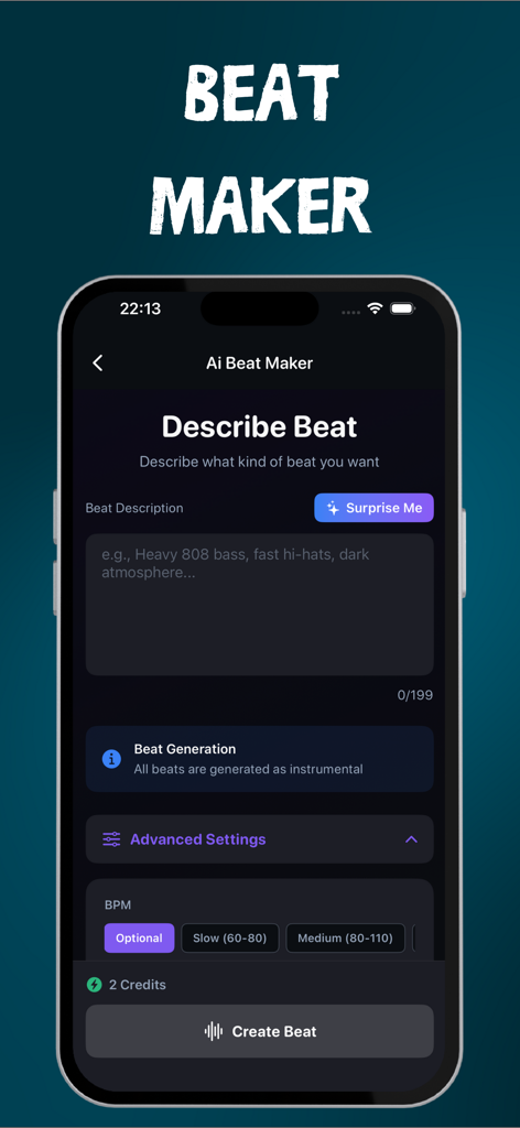 AI Music Generator – Lriza - Captura de pantalla de la interfaz del creador de beats IA de la aplicación Lriza para crear ritmos musicales personalizados a partir de descripciones de texto.