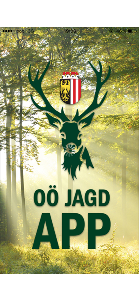 OÖ Jagd App Splash Screen mit einer Hirschkopf-Silhouette und Walderhintergrund