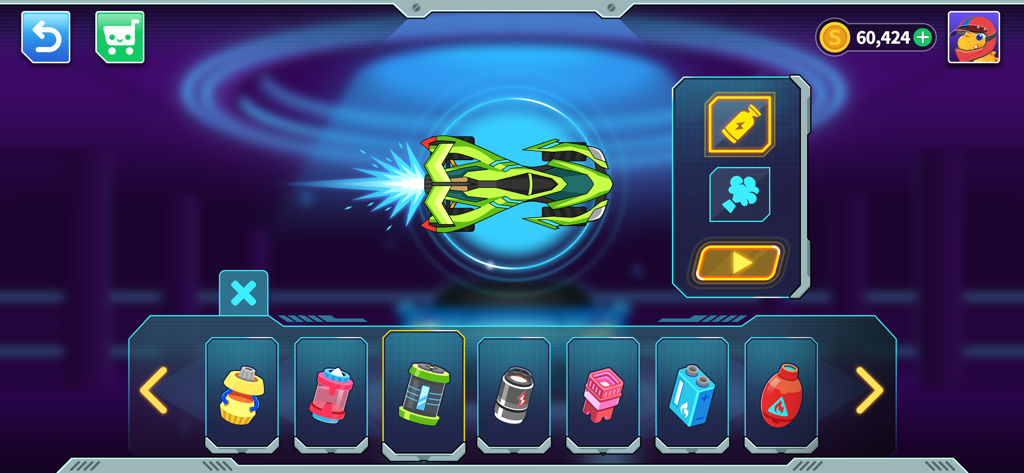 Racing Car Games for Kids - A green racing car with a nitro boost on a power-up selection screen in a kids game.