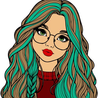girl with long hair and freckles and glasses realistic