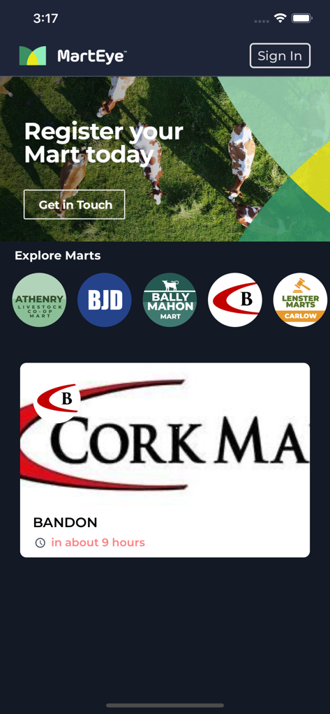 MartEye app interface showing various livestock marts and upcoming cattle auctions