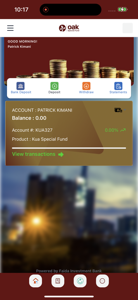 Oak Fund - Oak Fund mobile app dashboard showing account balance and deposit options