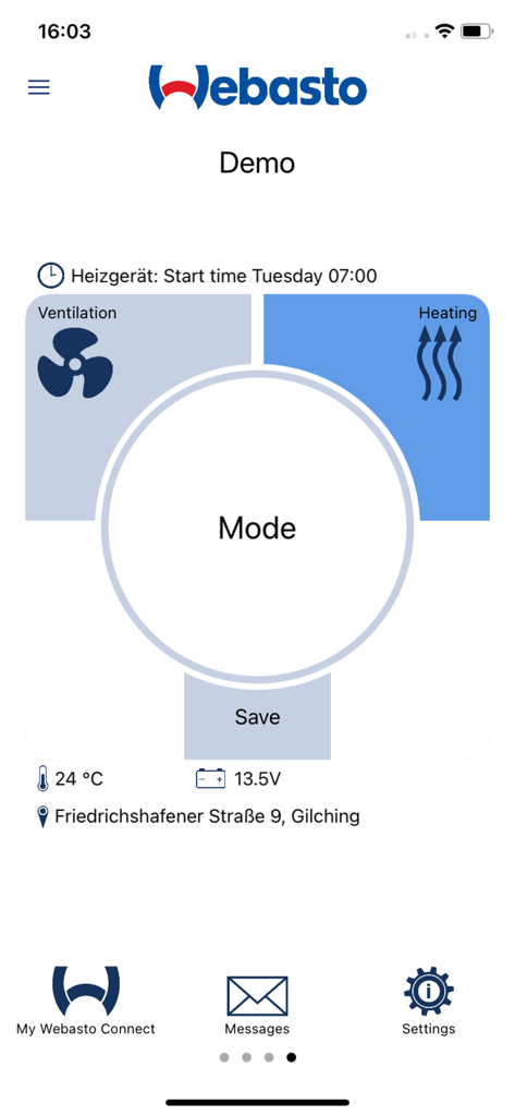 ThermoConnect - ThermoConnectアプリのインターフェース。車両の暖房または換気モードを選択するためのものです。