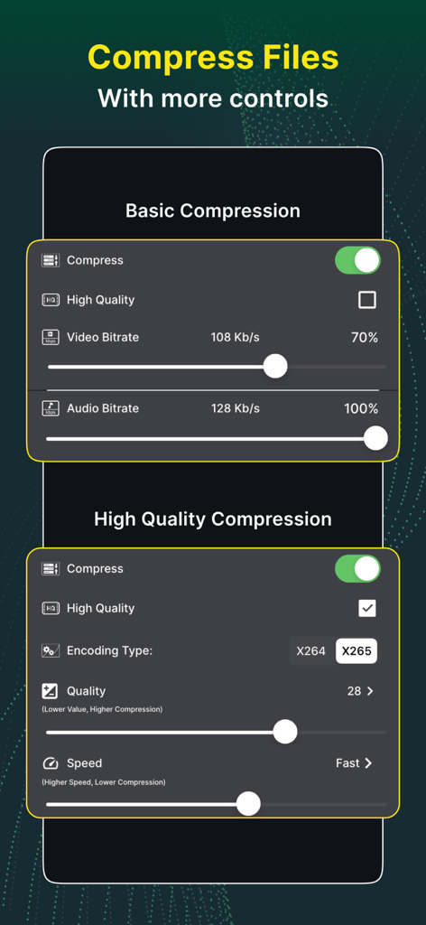 Mobile app interface showing basic and high quality video compression settings with bitrate and encoding options.