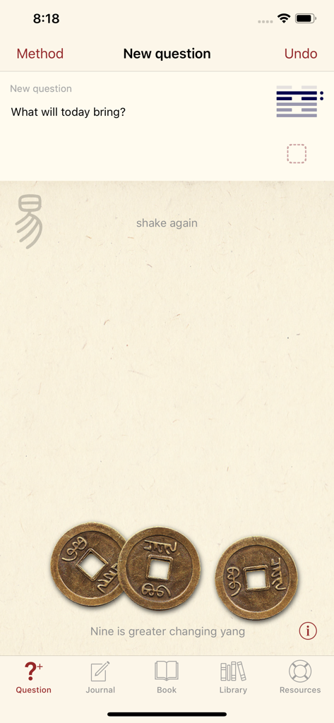 Yi Jing app interface showing a new question screen with three ancient Chinese coins for oracle consultation