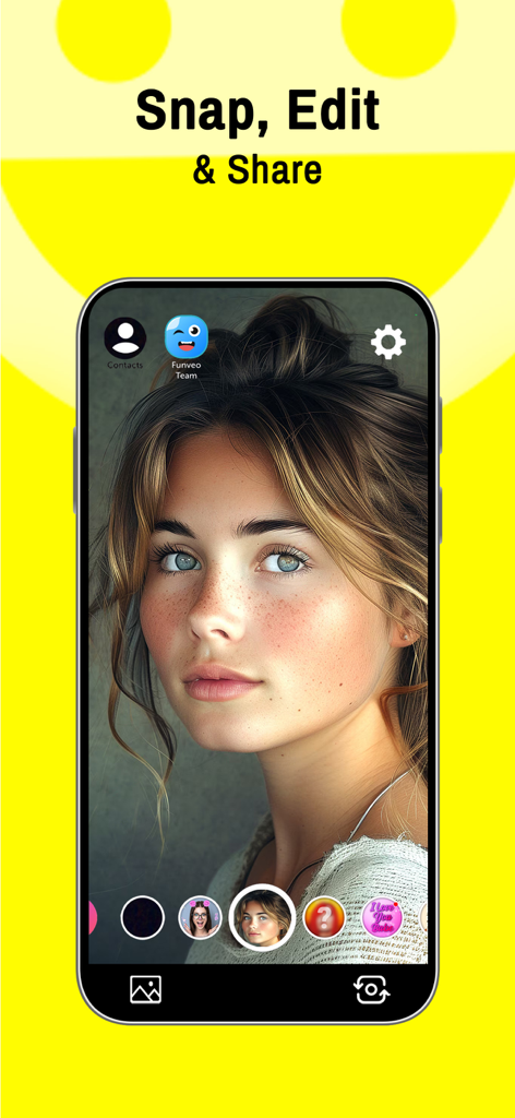 Interfaz de la app Funveo mostrando un selfie con opciones de filtro facial divertido