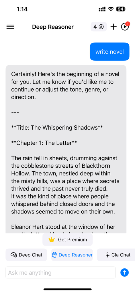 AIChat-deep integration - AIChat mobile interface showing the Deep Reasoner model writing a novel chapter