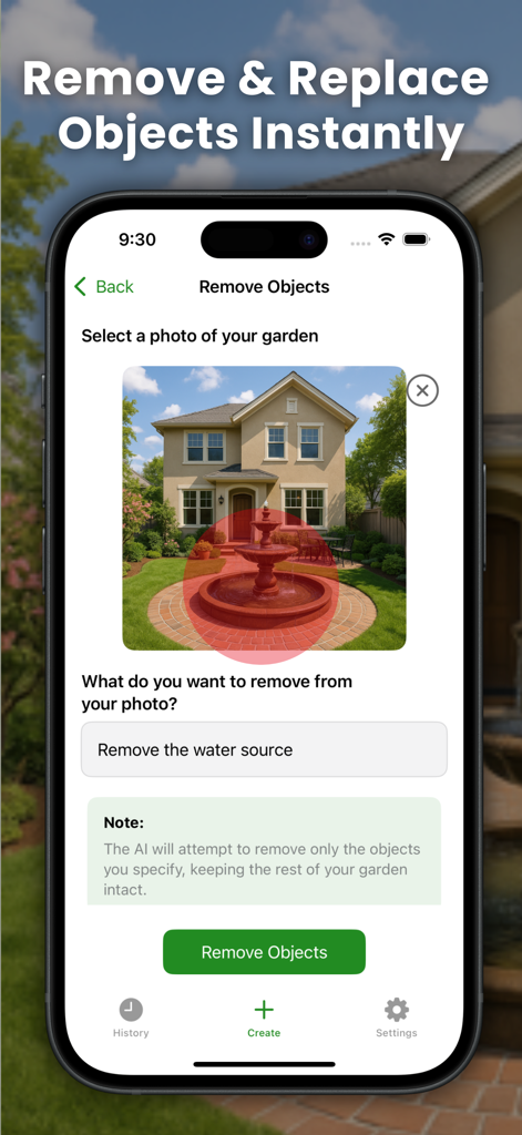 Benutzeroberfläche der AI Garden Design App, die die Funktion zum Entfernen von Objekten zeigt, die auf einen Gartenbrunnen angewendet wird.
