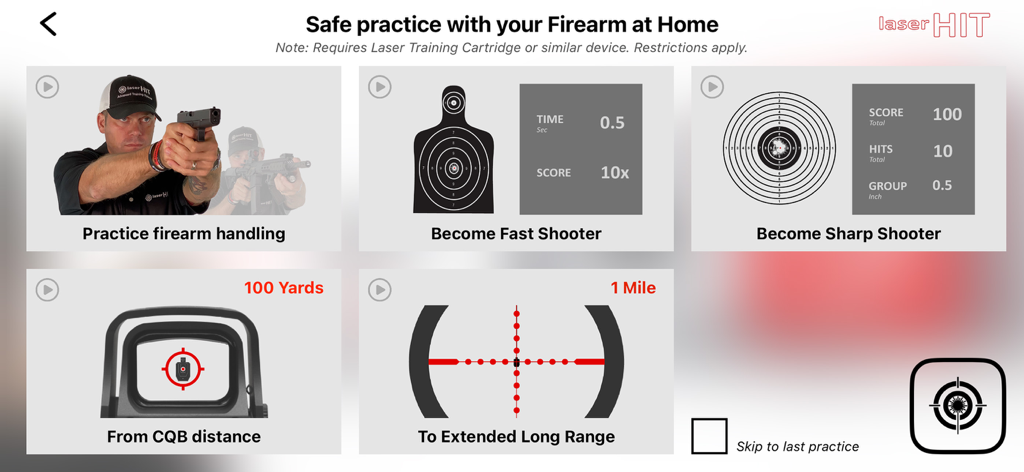 LaserHIT - Interface de l'application LaserHIT affichant diverses options d'entraînement au tir à sec, y compris la pratique du pistolet et les distances de tir à longue portée.