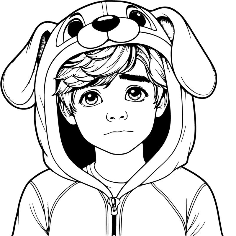 realistic boy, in a dog onesie