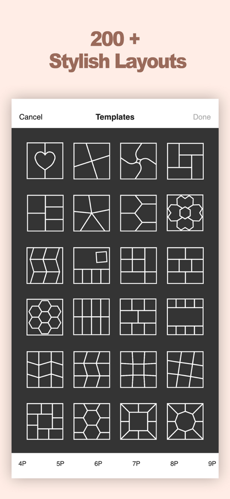 Encollage - Pic Collage Maker - Um menu mostrando uma variedade de layouts e modelos de colagem de fotos estilosos