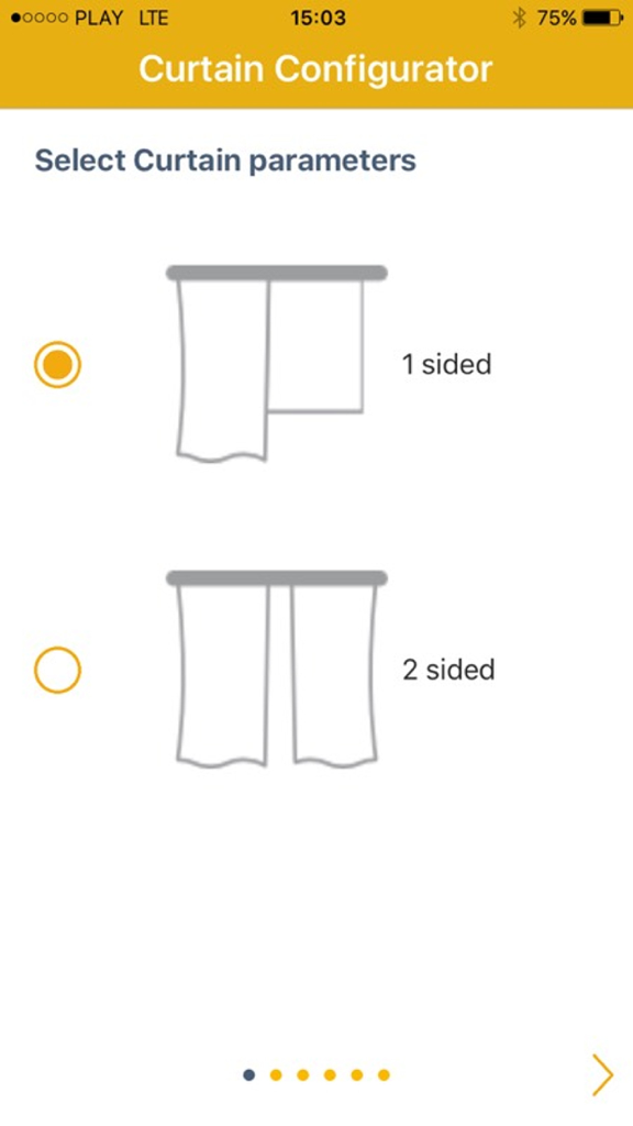 A selection screen in the Somfy Curtain Configurator app showing options for one-sided or two-sided curtain configurations.