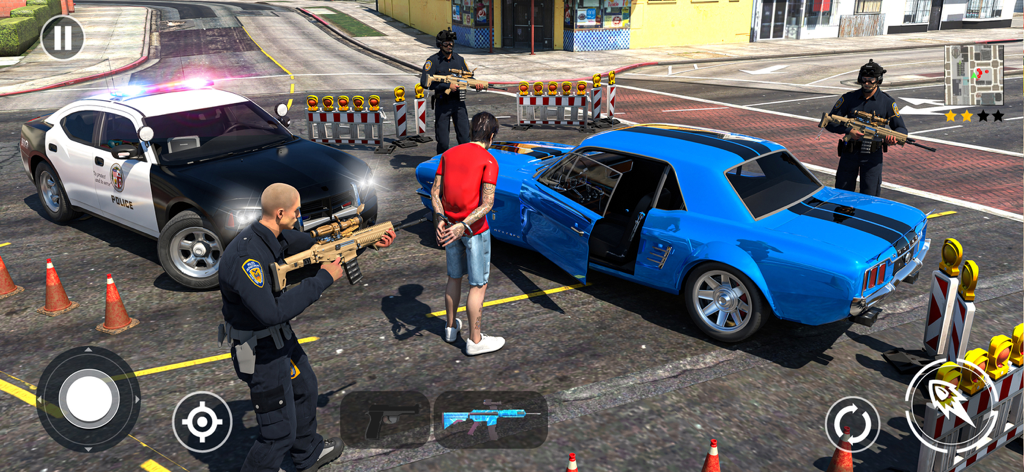 Police officers holding a suspect in handcuffs next to a patrol car during a city patrol duty.